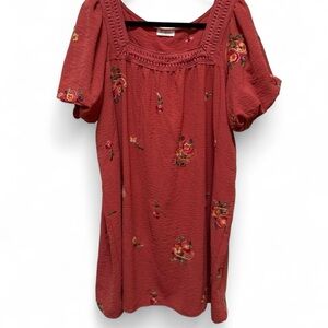 Kindred Coral Embroidered Boho Peasant Puff Sleeve Cottagecore Floral Dress 2XL